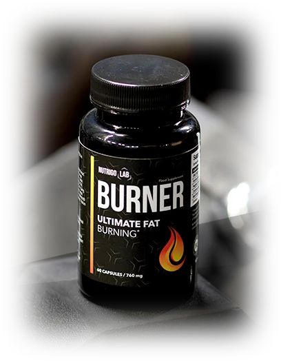 Illustrazione del prodotto Nutrigo Lab Burner con benefici chiave.