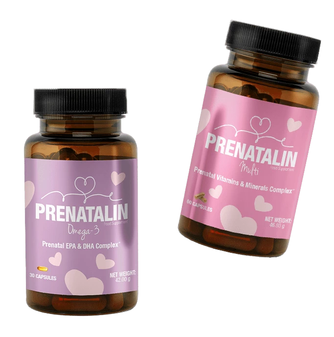 Set completo di integratori prenatali Prenatalin, con confezioni di Multi e Omega-3.